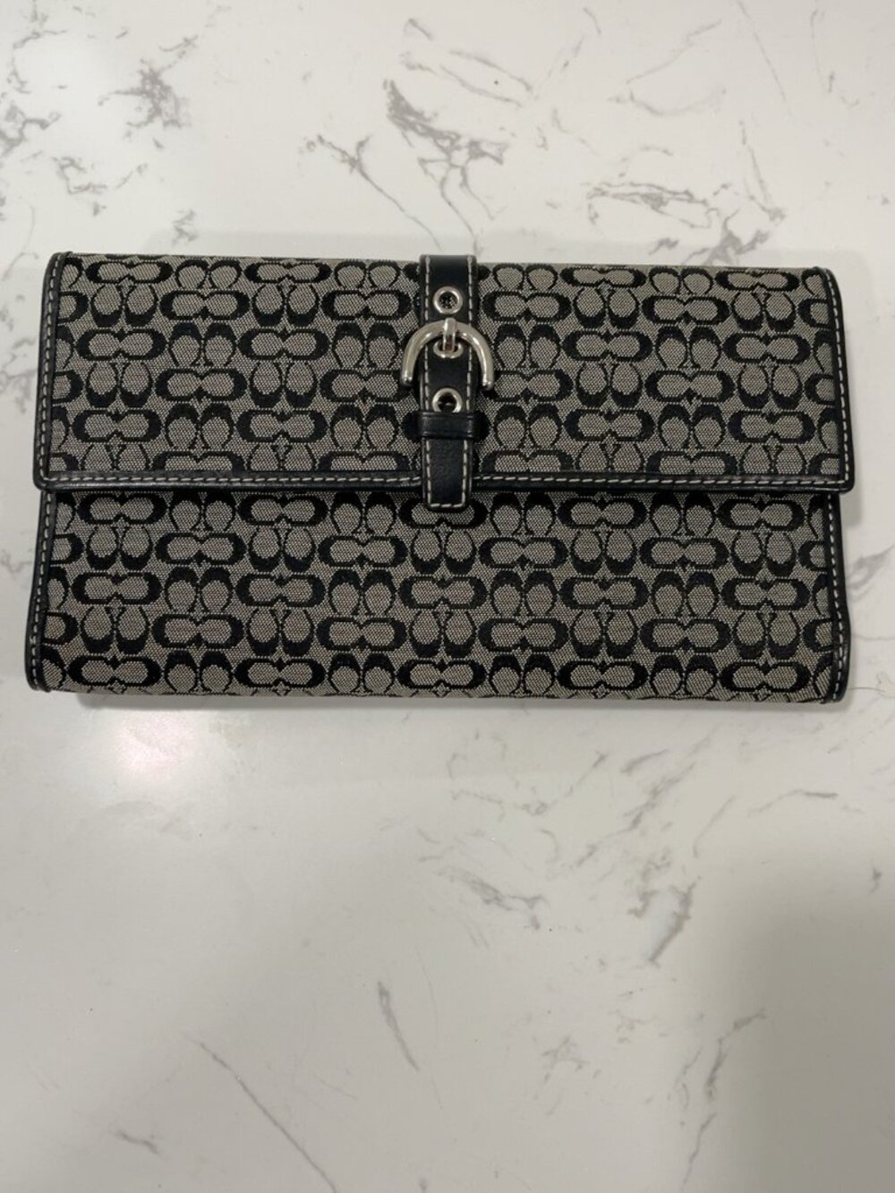 Coach Signature Jacquard Trifold Wallet Black Gray Buckle Zip Pocket